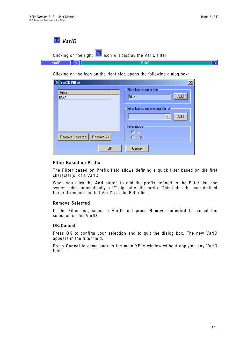 Varid, Filter based on prefix, Remove selected | Ok/cancel | EVS Xfile Version 2.13 - July 2010 User Manual User Manual | Page 68 / 192