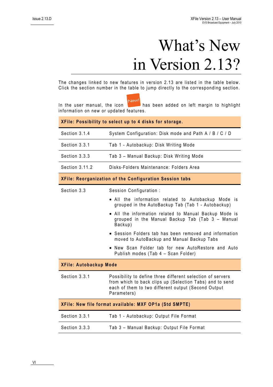 What’s new in version 2.13 | EVS Xfile Version 2.13 - July 2010 User Manual User Manual | Page 7 / 192
