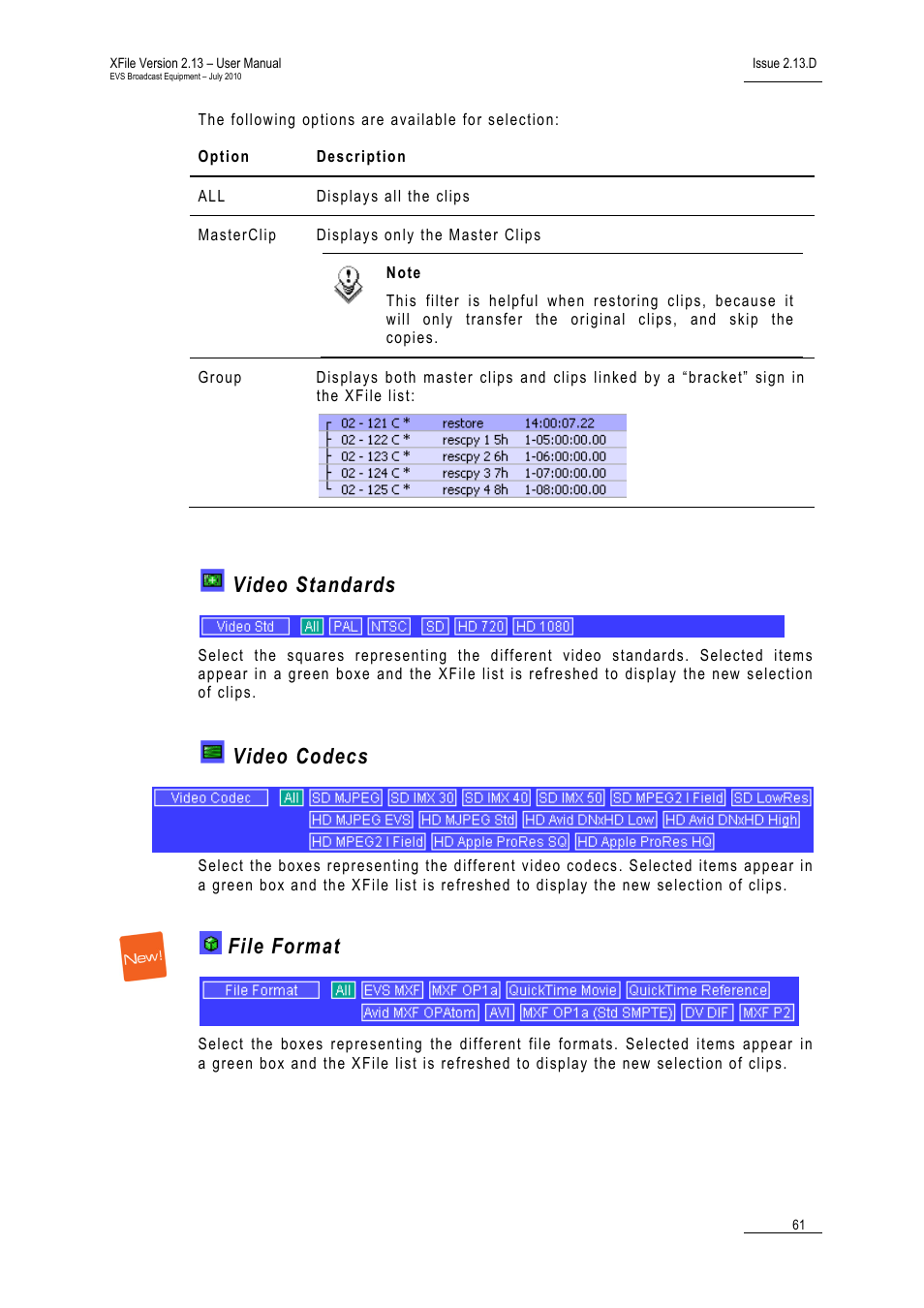 Video standards, Video codecs, File format | EVS Xfile Version 2.13 - July 2010 User Manual User Manual | Page 70 / 192