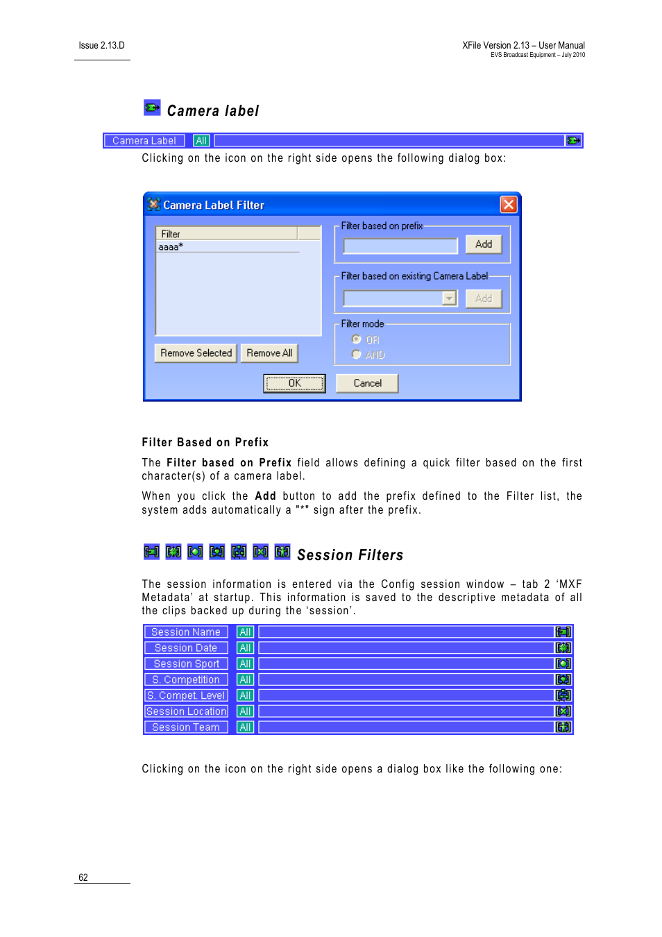 Camera label, Filter based on prefix, Session filters | EVS Xfile Version 2.13 - July 2010 User Manual User Manual | Page 71 / 192