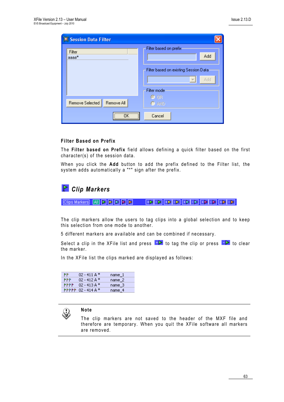 Filter based on prefix, Clip markers | EVS Xfile Version 2.13 - July 2010 User Manual User Manual | Page 72 / 192