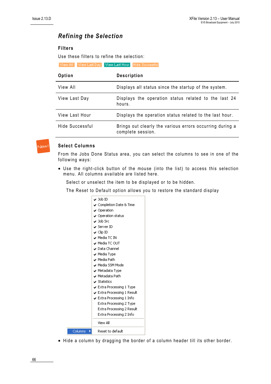 Refining the selection, Filters, Select columns | EVS Xfile Version 2.13 - July 2010 User Manual User Manual | Page 75 / 192