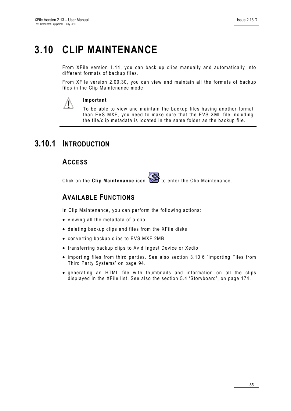 10 clip maintenance, 1 introduction, Access | Available functions, Clip maintenance, Introduction, 10 ‘clip maintenance’, on, Ntroduction | EVS Xfile Version 2.13 - July 2010 User Manual User Manual | Page 94 / 192