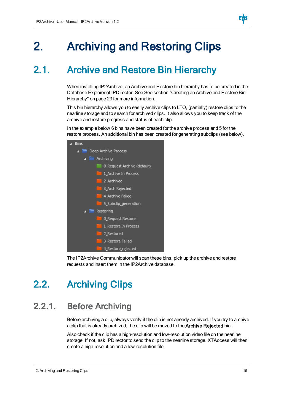 Archiving and restoring clips, Archive and restore bin hierarchy, Archiving clips | Before archiving | EVS IP2Archive Version 1.2 - October 2012 User Manual User Manual | Page 20 / 30