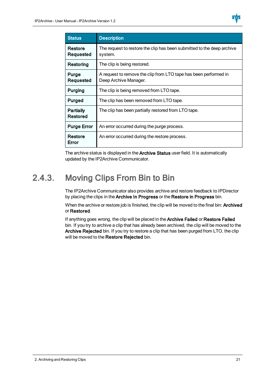 Moving clips from bin to bin | EVS IP2Archive Version 1.2 - October 2012 User Manual User Manual | Page 26 / 30