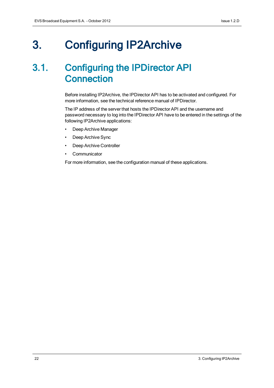 Configuring ip2archive, Configuring the ipdirector api connection | EVS IP2Archive Version 1.2 - October 2012 User Manual User Manual | Page 27 / 30