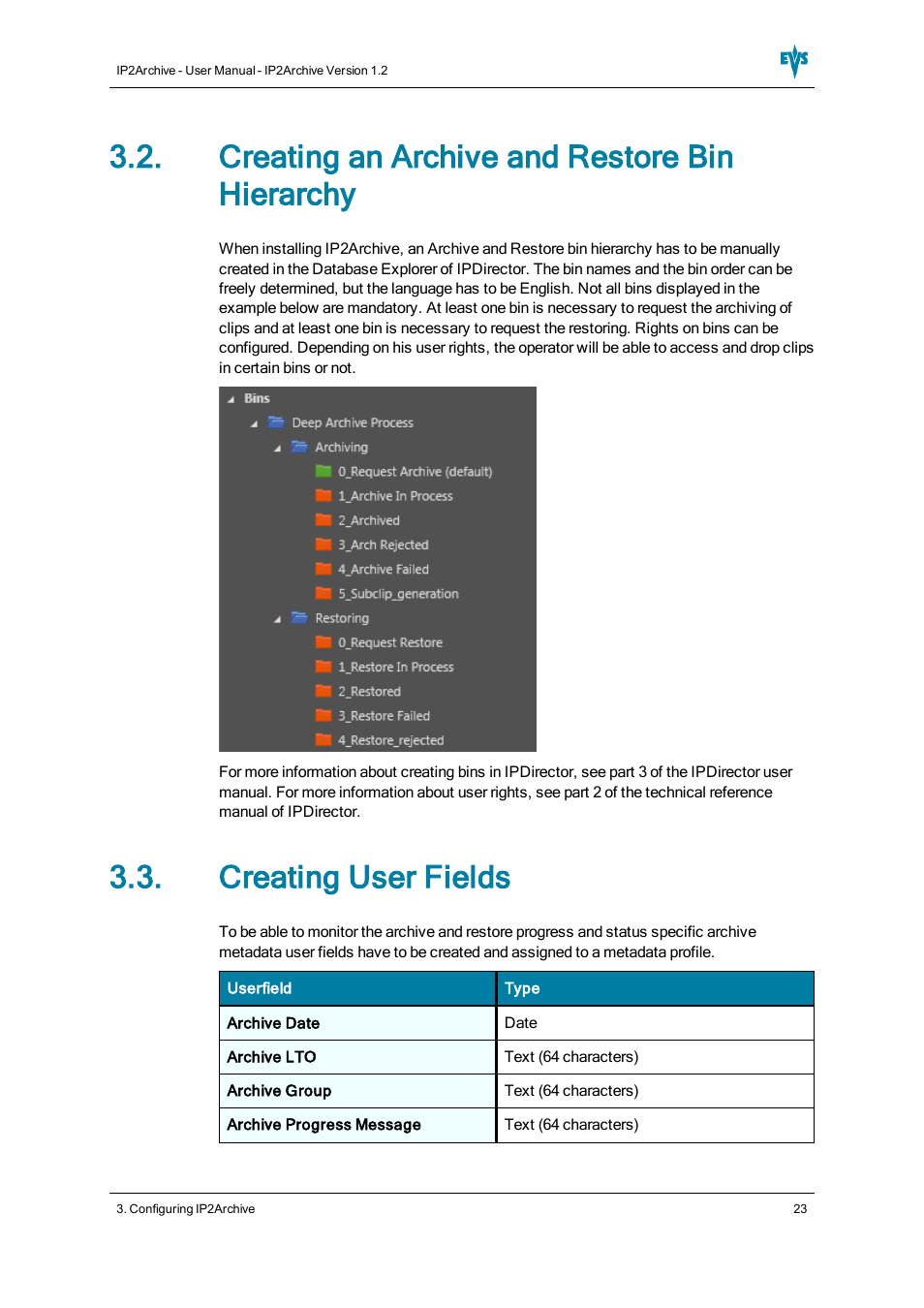 Creating an archive and restore bin hierarchy, Creating user fields | EVS IP2Archive Version 1.2 - October 2012 User Manual User Manual | Page 28 / 30
