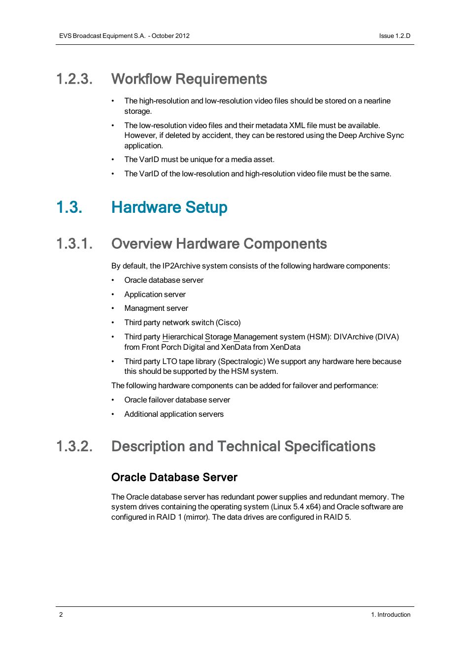 Workflow requirements, Hardware setup, Overview hardware components | Description and technical specifications, Oracle database server | EVS IP2Archive Version 1.2 - October 2012 User Manual User Manual | Page 7 / 30