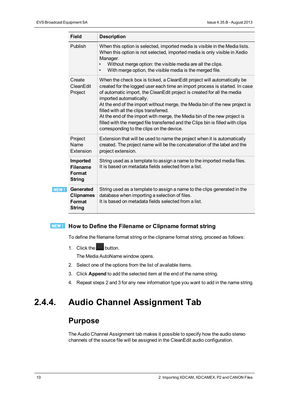 Audio channel assignment tab, Purpose | EVS XEDIO Importer Version 4.35 - August 2013 User Manual User Manual | Page 18 / 38