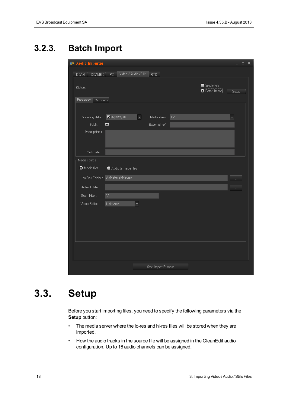 Batch import, Setup | EVS XEDIO Importer Version 4.35 - August 2013 User Manual User Manual | Page 26 / 38