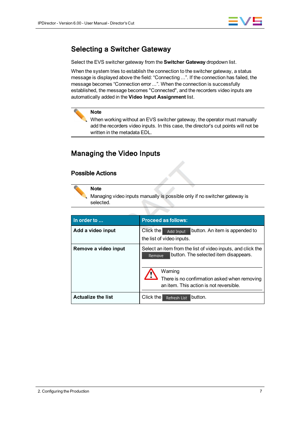 Selecting a switcher gateway, Managing the video inputs | EVS IPDirector Version 6.0 - November 2012 Part 10 User's Manual User Manual | Page 13 / 30