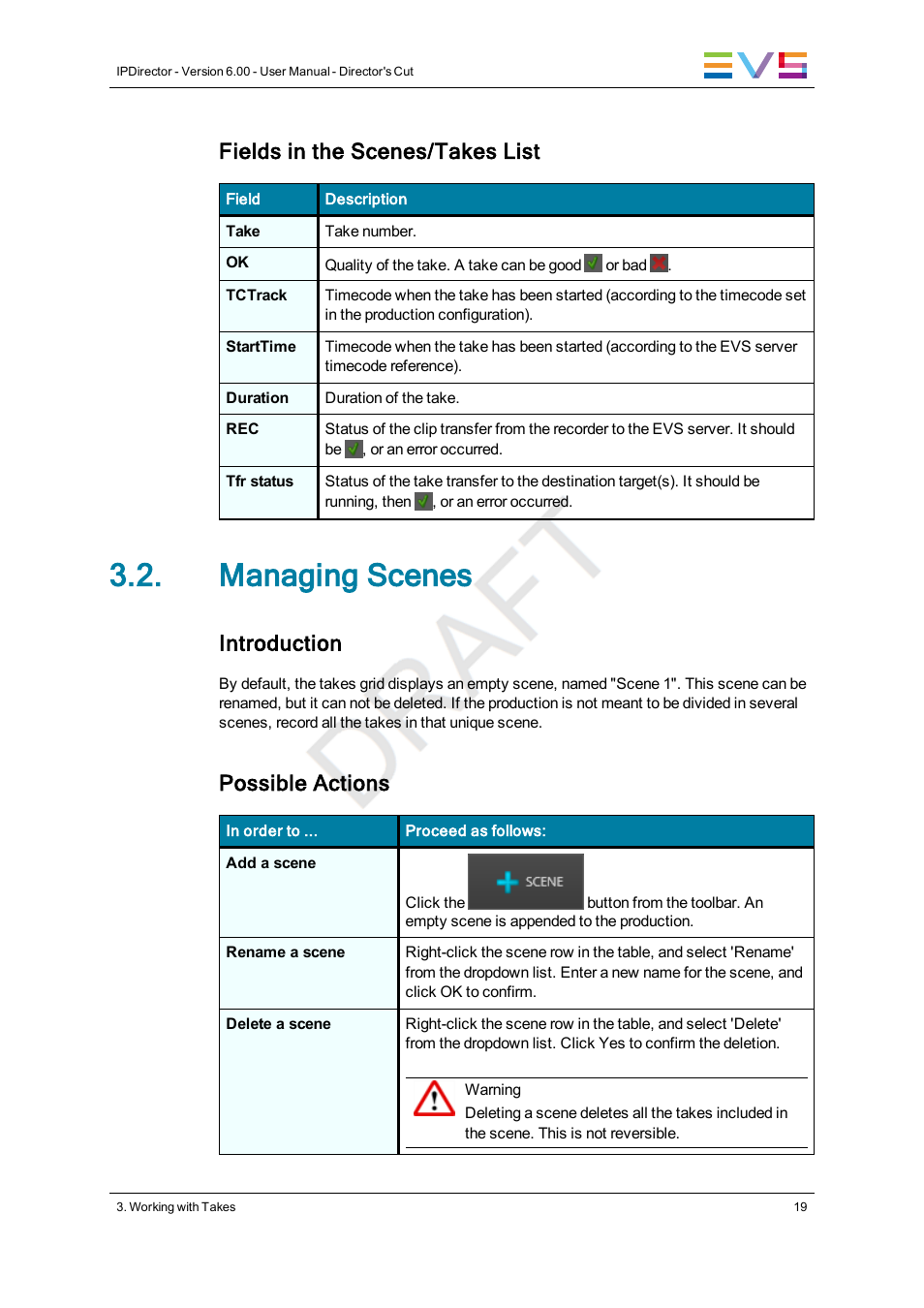 Managing scenes, Fields in the scenes/takes list, Introduction | Possible actions | EVS IPDirector Version 6.0 - November 2012 Part 10 User's Manual User Manual | Page 25 / 30