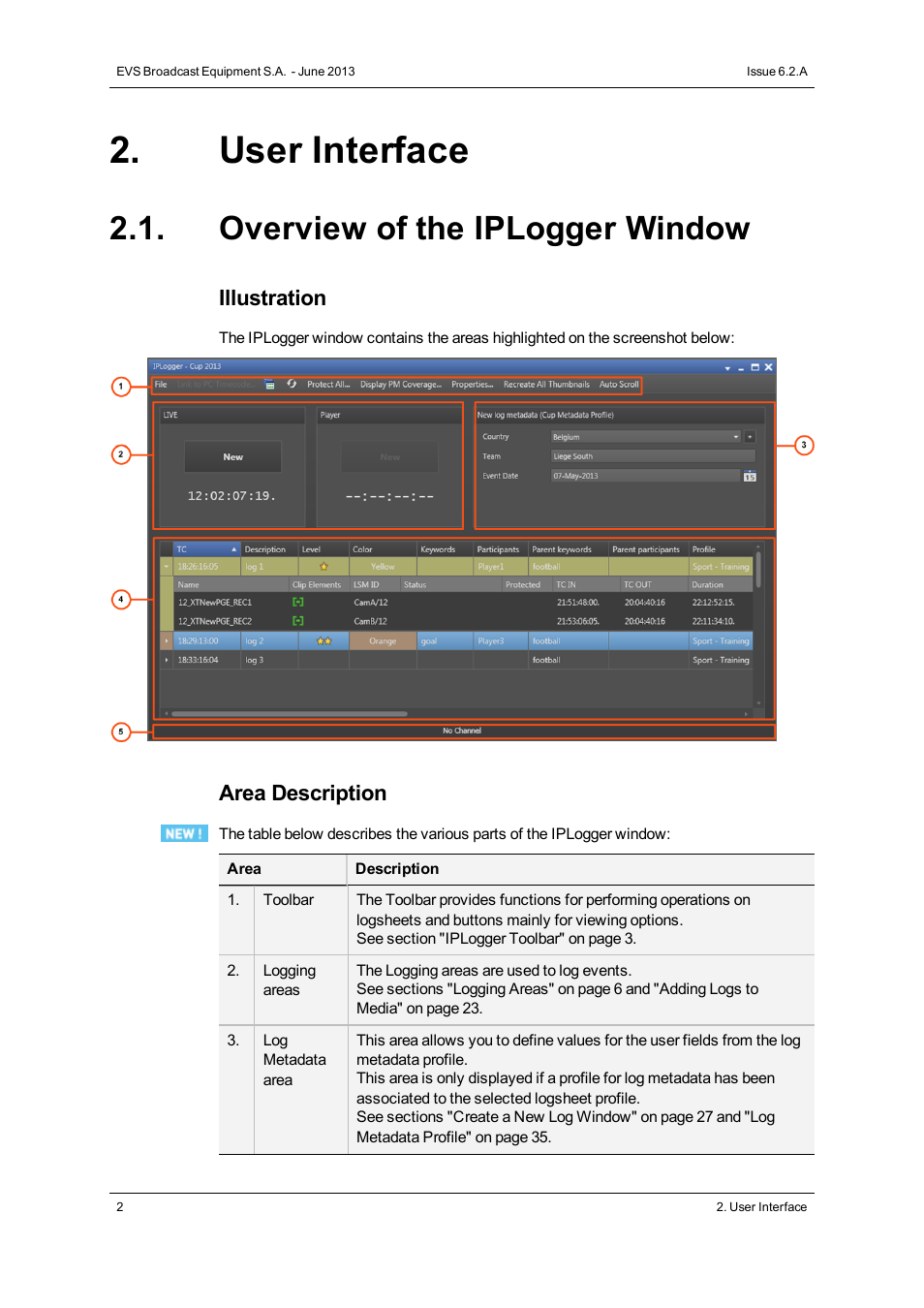 User interface, Overview of the iplogger window | EVS IPDirector Version 6.2 - June 2013 IPLOGGER User Manual User Manual | Page 12 / 74