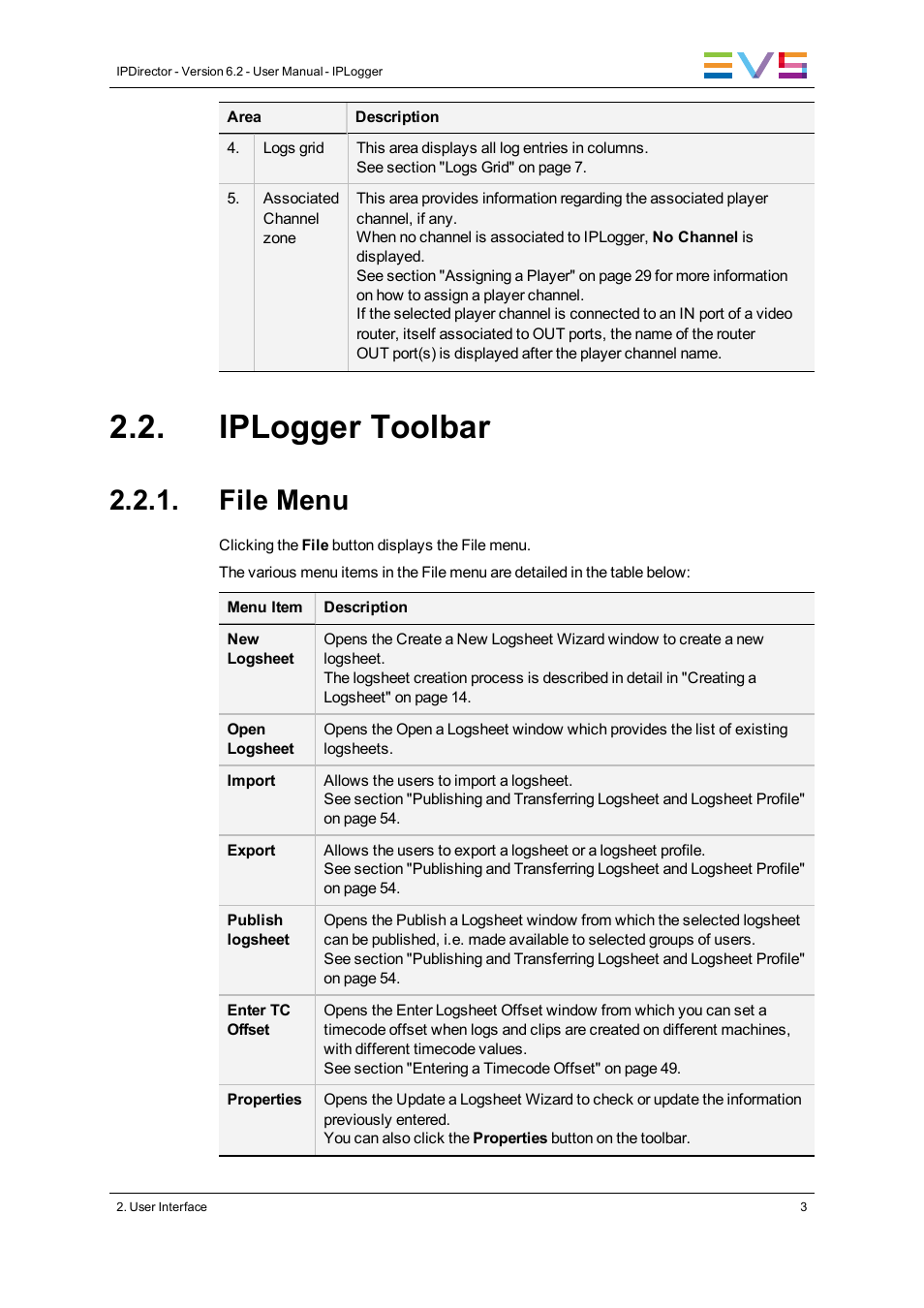 Iplogger toolbar, File menu | EVS IPDirector Version 6.2 - June 2013 IPLOGGER User Manual User Manual | Page 13 / 74