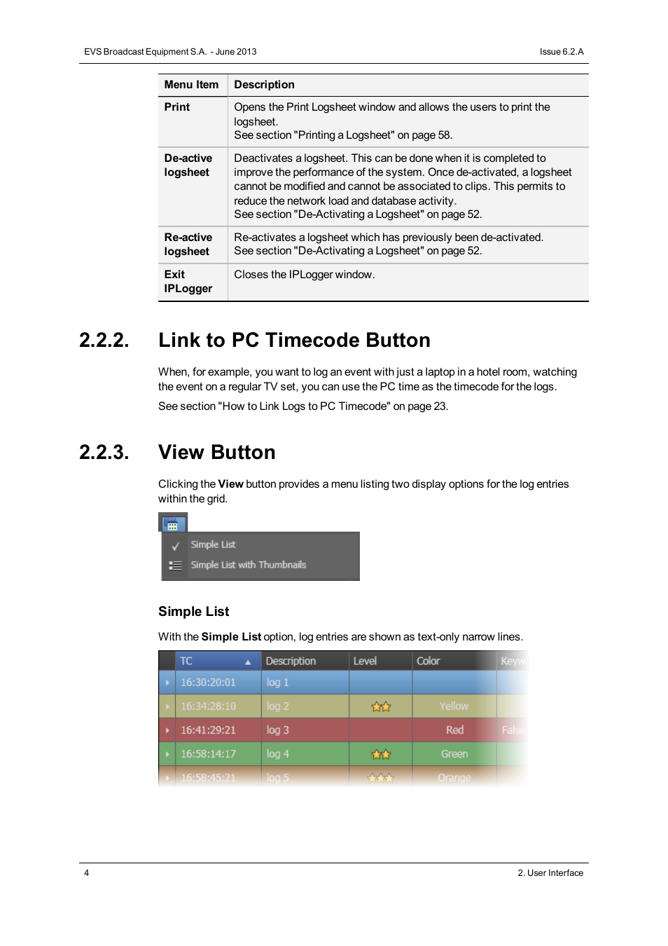 Link to pc timecode button, View button | EVS IPDirector Version 6.2 - June 2013 IPLOGGER User Manual User Manual | Page 14 / 74