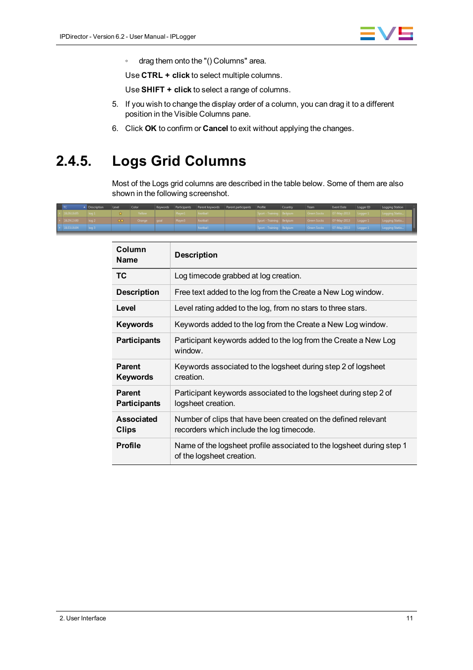 Logs grid columns | EVS IPDirector Version 6.2 - June 2013 IPLOGGER User Manual User Manual | Page 21 / 74