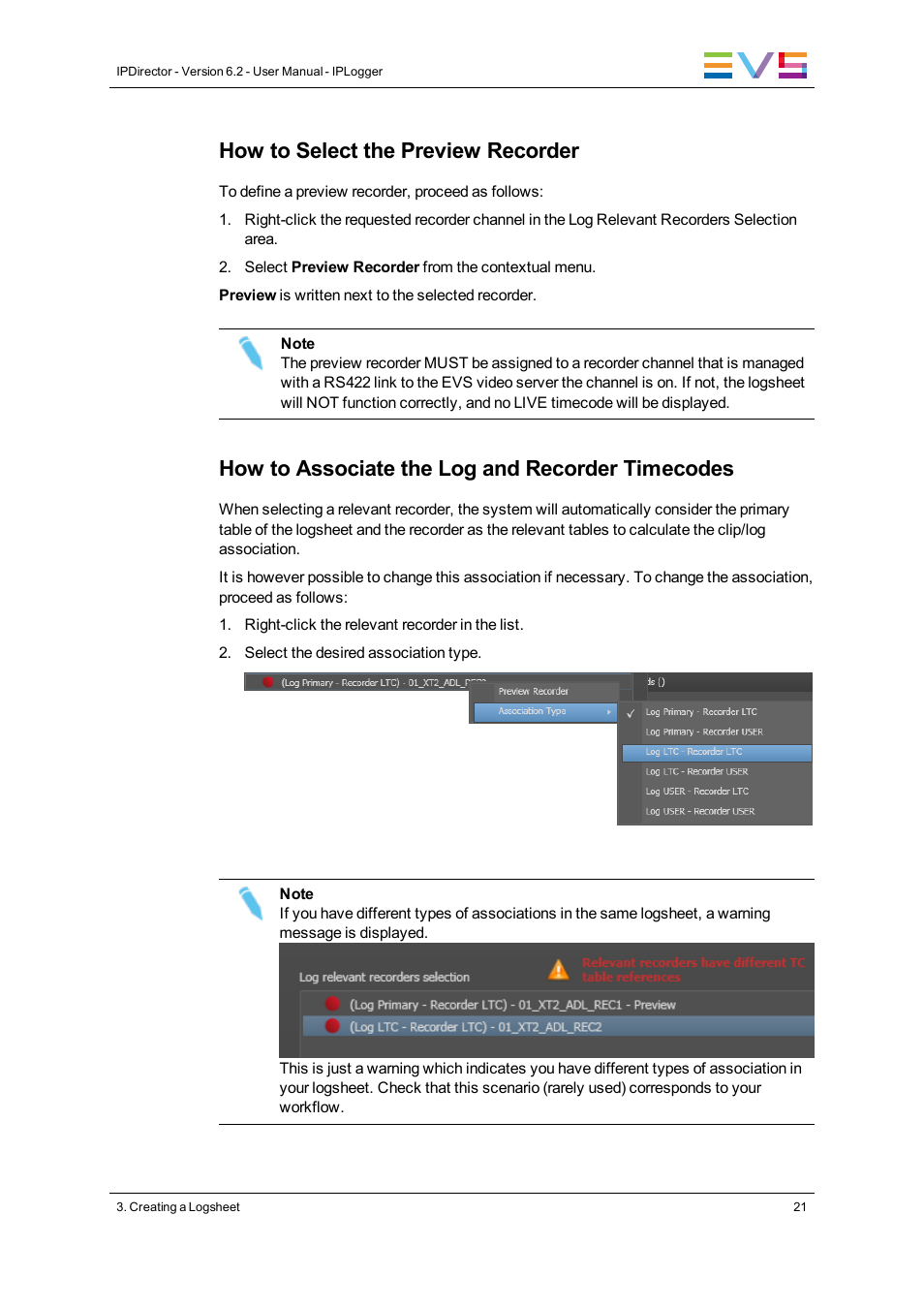 How to select the preview recorder, How to associate the log and recorder timecodes | EVS IPDirector Version 6.2 - June 2013 IPLOGGER User Manual User Manual | Page 31 / 74