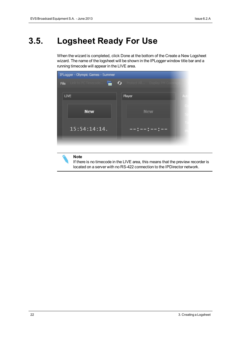 Logsheet ready for use | EVS IPDirector Version 6.2 - June 2013 IPLOGGER User Manual User Manual | Page 32 / 74