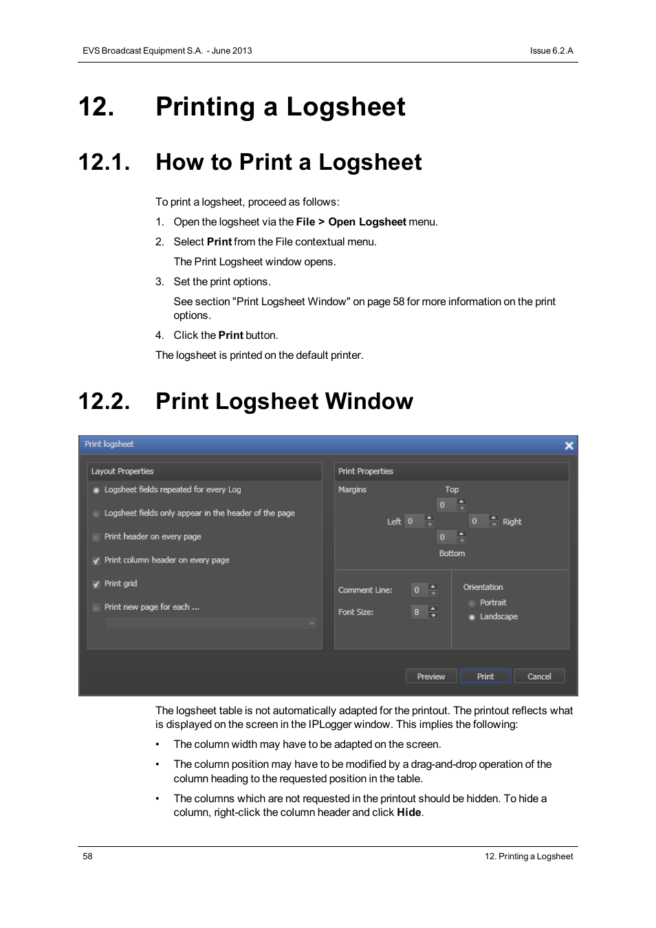 Printing a logsheet, How to print a logsheet, Print logsheet window | EVS IPDirector Version 6.2 - June 2013 IPLOGGER User Manual User Manual | Page 68 / 74