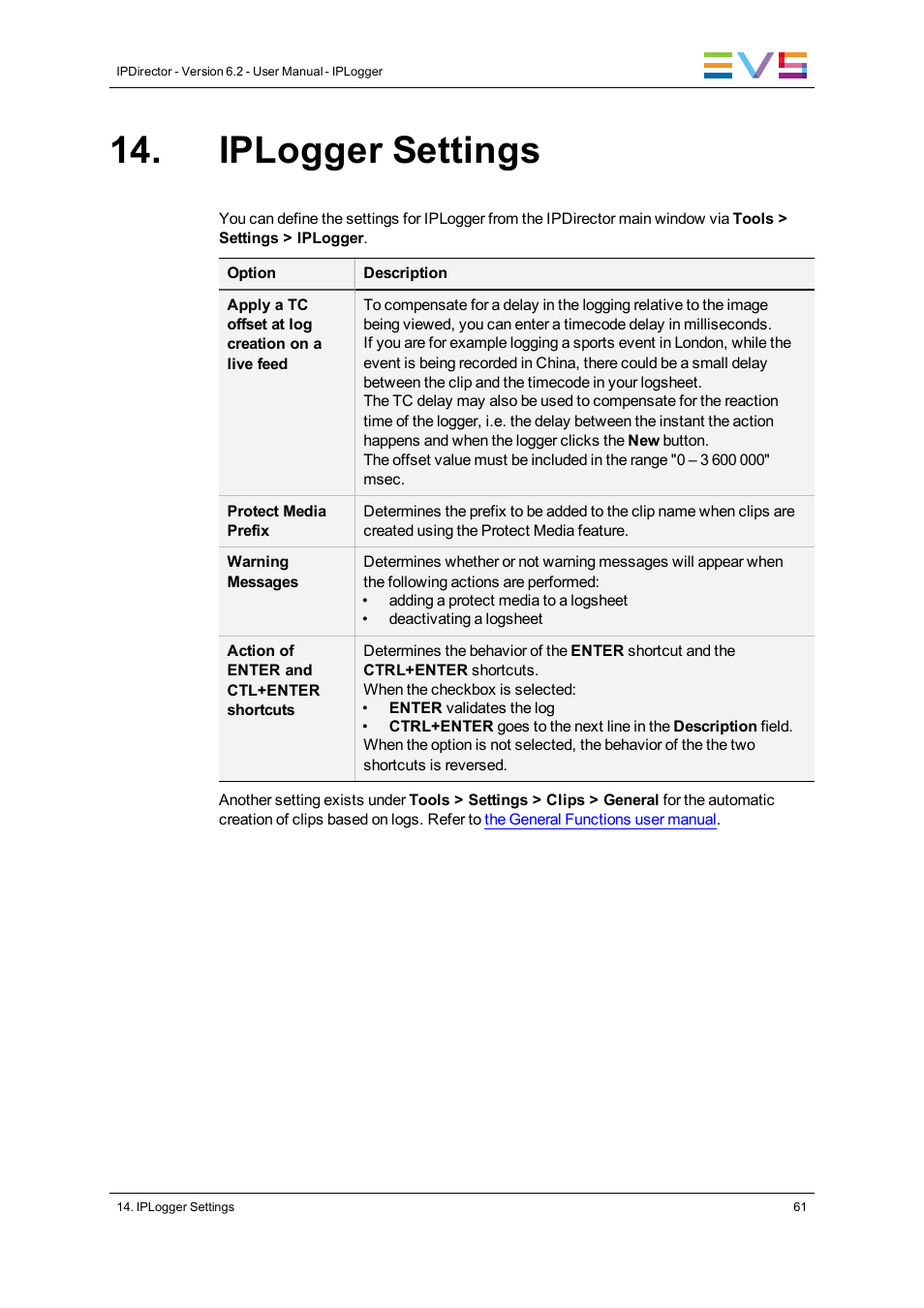 Iplogger settings | EVS IPDirector Version 6.2 - June 2013 IPLOGGER User Manual User Manual | Page 71 / 74