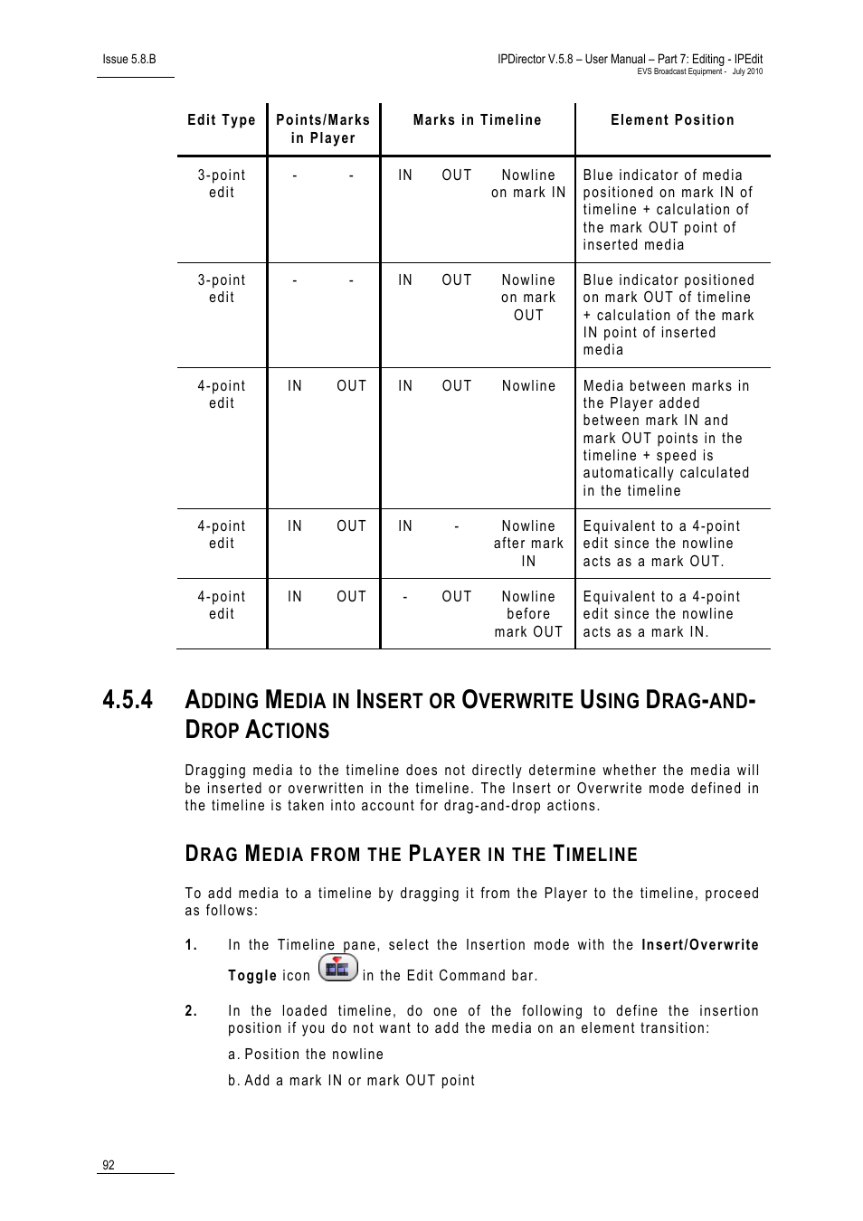 Drag media from the player in the timeline, Dding, Edia in | Nsert or, Verwrite, Sing, Ctions | EVS IPDirector Version 5.8 - July 2010 Part 7 User's Manual User Manual | Page 105 / 229