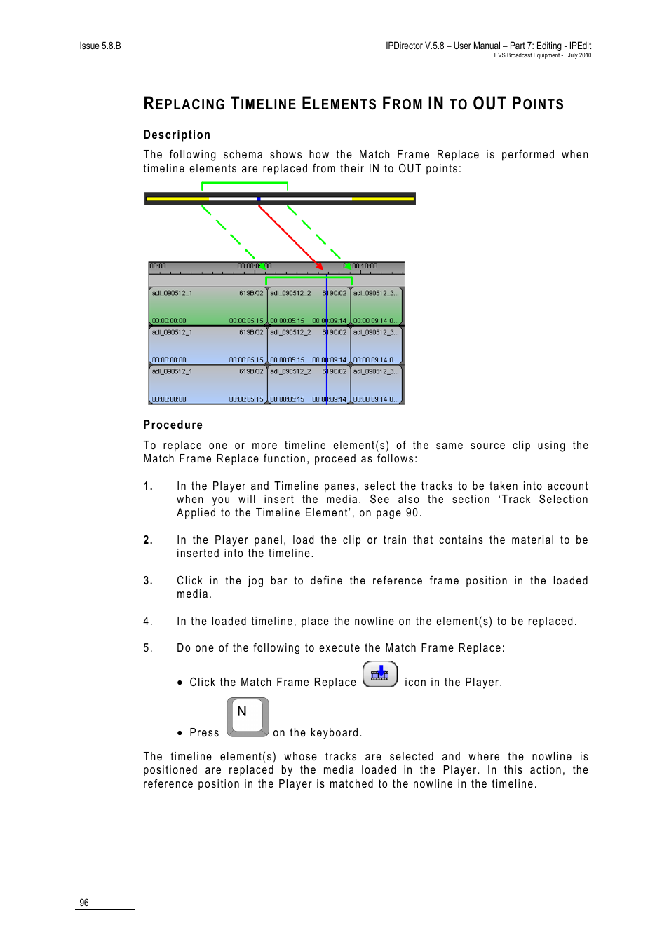 Replacing timeline elements from in to out points, Description, Procedure | EVS IPDirector Version 5.8 - July 2010 Part 7 User's Manual User Manual | Page 109 / 229