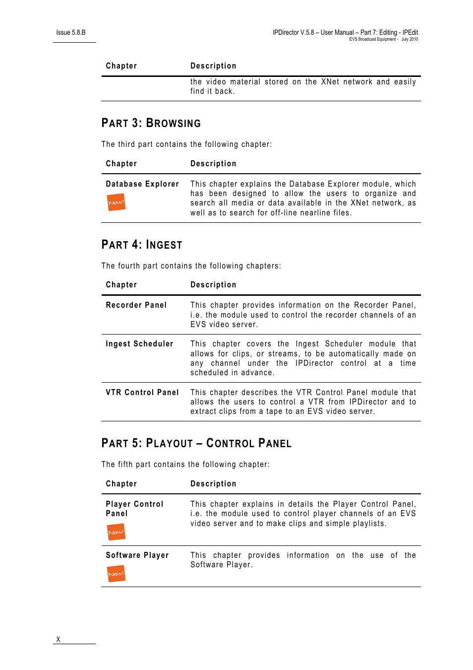 Part 3: browsing, Part 4: ingest, Part 5: playout – control panel | EVS IPDirector Version 5.8 - July 2010 Part 7 User's Manual User Manual | Page 11 / 229