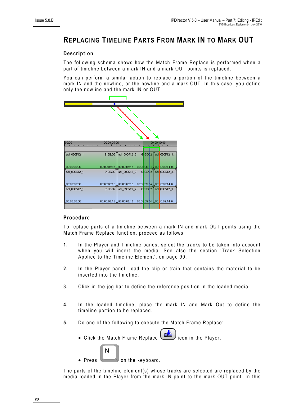 Replacing timeline parts from mark in to mark out, Description, Procedure | EVS IPDirector Version 5.8 - July 2010 Part 7 User's Manual User Manual | Page 111 / 229