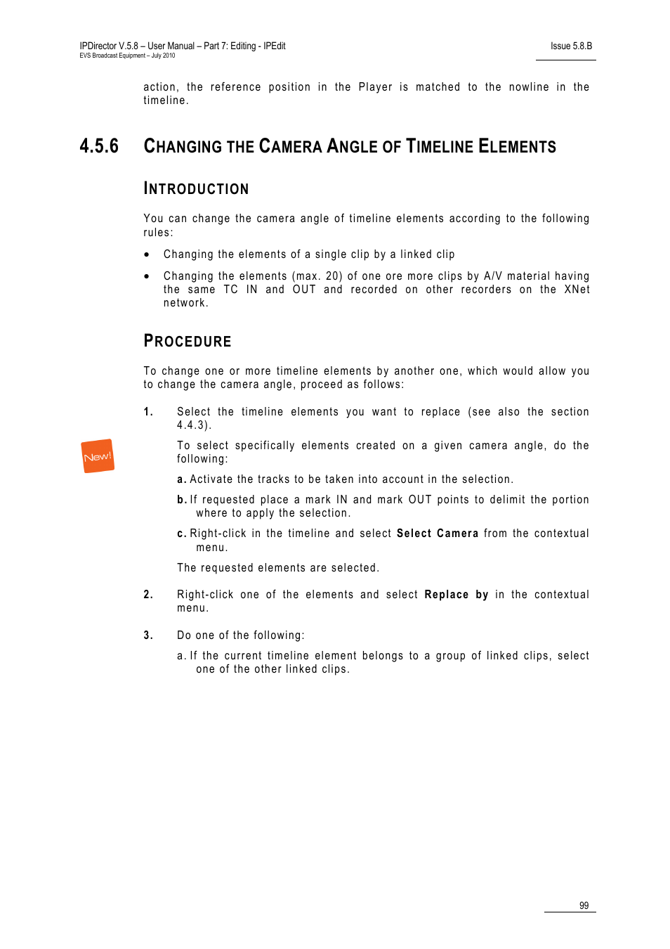 6 changing the camera angle of timeline elements, Introduction, Procedure | Changing the camera angle of timeline elements, 6 ‘changing the camera angle of timeline elements, Hanging the, Amera, Ngle of, Imeline, Lements | EVS IPDirector Version 5.8 - July 2010 Part 7 User's Manual User Manual | Page 112 / 229