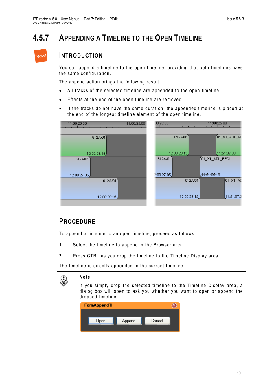 7 appending a timeline to the open timeline, Introduction, Procedure | Appending a timeline to the open timeline, 7 ap, Ppending a, Imeline to the, Imeline | EVS IPDirector Version 5.8 - July 2010 Part 7 User's Manual User Manual | Page 114 / 229