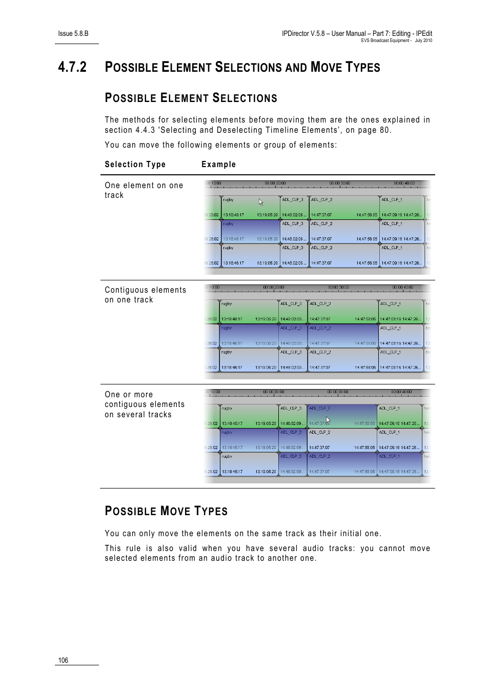 2 possible element selections and move types, Possible element selections, Possible move types | Possible element selections and move types | EVS IPDirector Version 5.8 - July 2010 Part 7 User's Manual User Manual | Page 119 / 229
