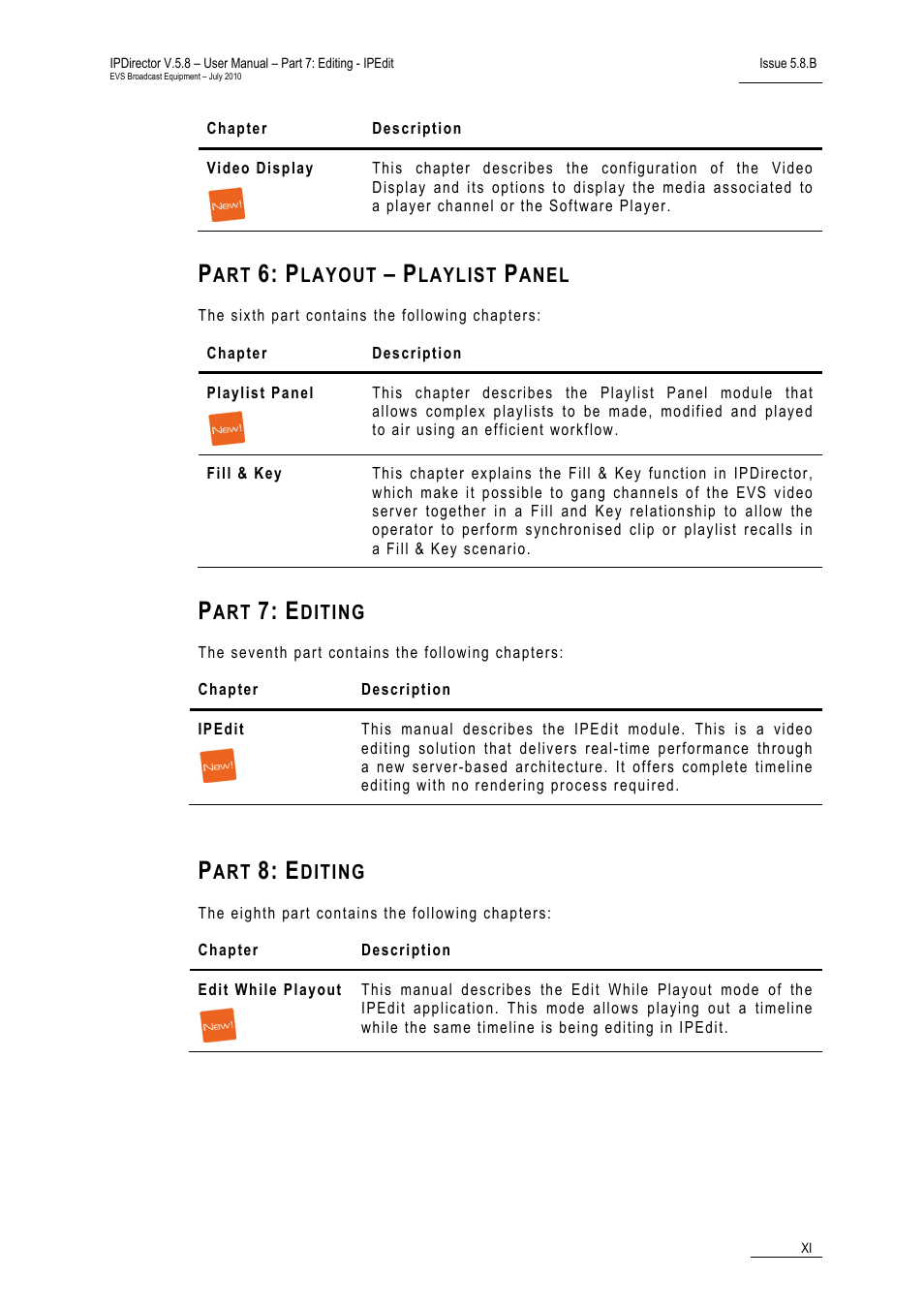 Part 6: playout – playlist panel, Part 7: editing, Part 8: editing | EVS IPDirector Version 5.8 - July 2010 Part 7 User's Manual User Manual | Page 12 / 229