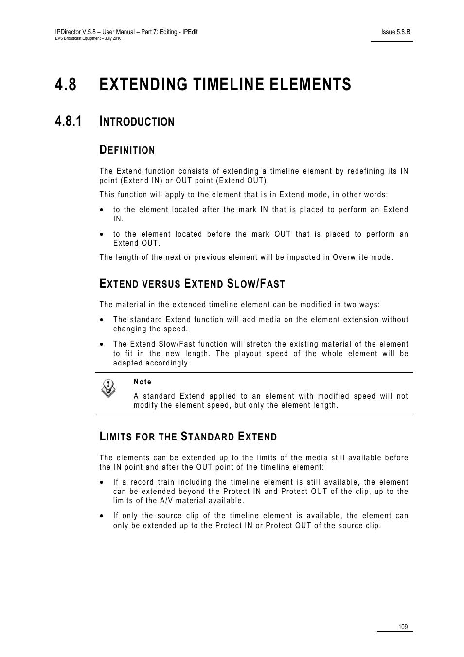 8 extending timeline elements, 1 introduction, Definition | Extend versus extend slow/fast, Limits for the standard extend, Extending timeline elements, Introduction, 8 ‘extending timeline elements, Ntroduction | EVS IPDirector Version 5.8 - July 2010 Part 7 User's Manual User Manual | Page 122 / 229