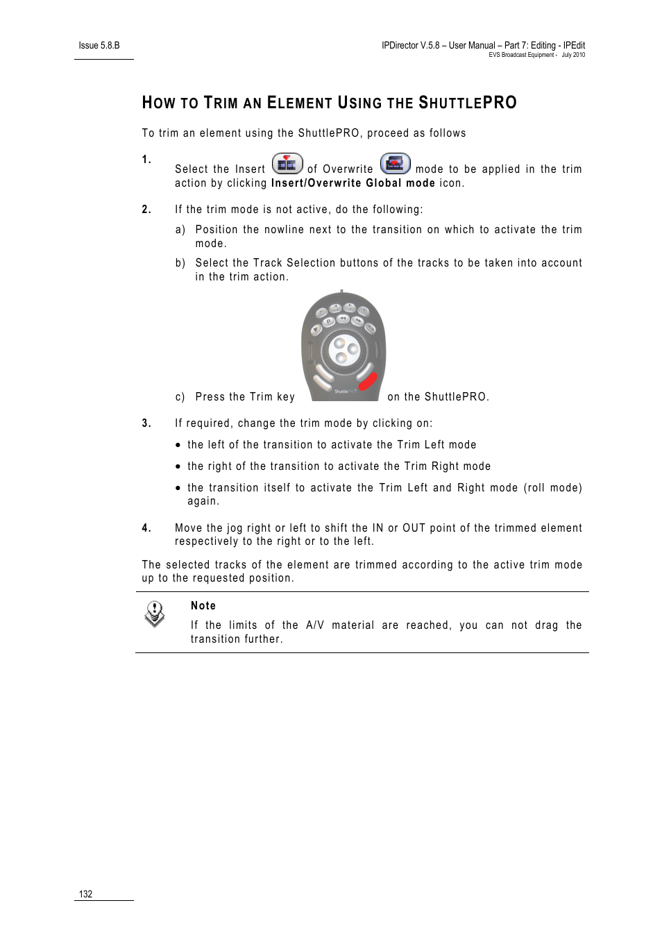How to trim an element using the shuttlepro | EVS IPDirector Version 5.8 - July 2010 Part 7 User's Manual User Manual | Page 145 / 229