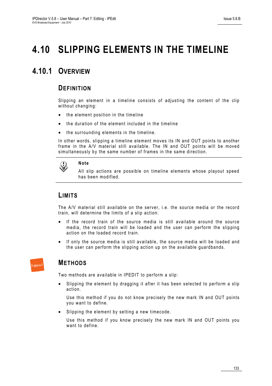 10 slipping elements in the timeline, 1 overview, Definition | Limits, Methods, Slipping elements in the timeline, Overview, 10 pa, Verview | EVS IPDirector Version 5.8 - July 2010 Part 7 User's Manual User Manual | Page 146 / 229