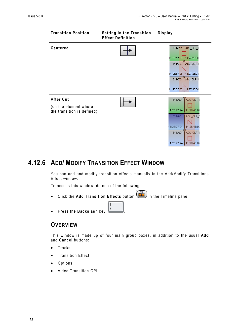 6 add/ modify transition effect window, Overview, Add/ modify transition effect window | 6 ‘add/ modify transition effect window, Odify, Ransition, Ffect, Indow | EVS IPDirector Version 5.8 - July 2010 Part 7 User's Manual User Manual | Page 165 / 229