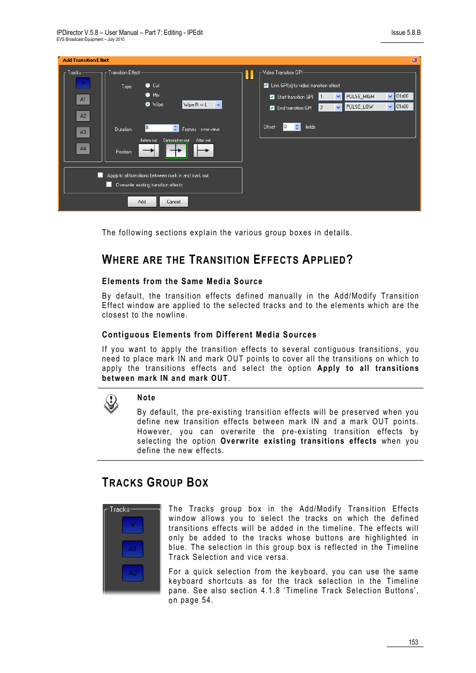 Where are the transition effects applied, Elements from the same media source, Contiguous elements from different media sources | Tracks group box | EVS IPDirector Version 5.8 - July 2010 Part 7 User's Manual User Manual | Page 166 / 229