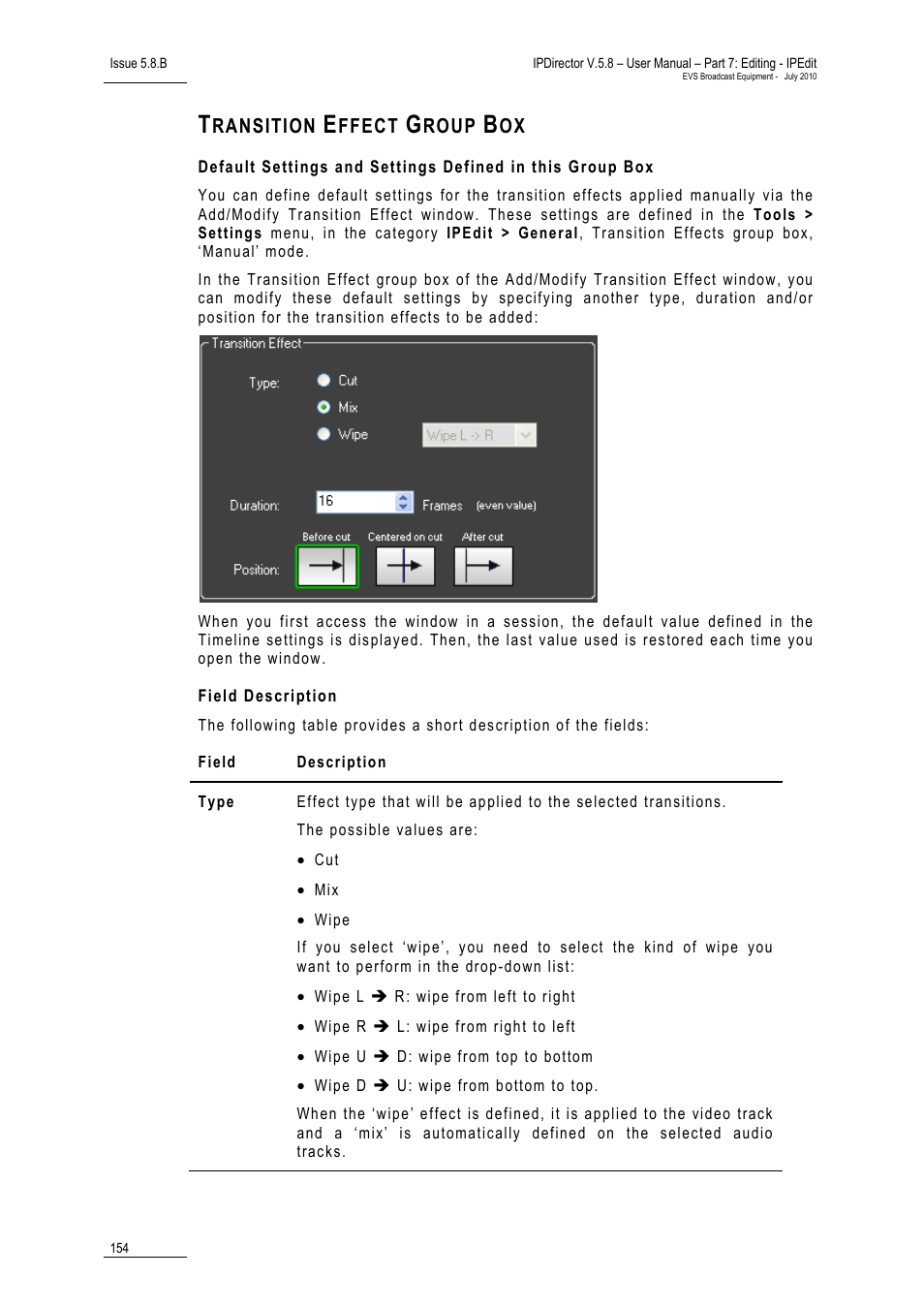 Transition effect group box, Field description | EVS IPDirector Version 5.8 - July 2010 Part 7 User's Manual User Manual | Page 167 / 229