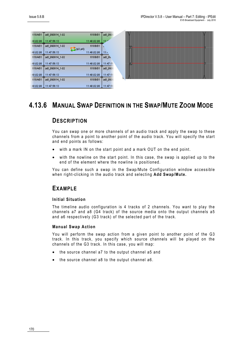 Description, Example, Initial situation | Manual swap action, Manual swap definition in the swap/mute zoom mode | EVS IPDirector Version 5.8 - July 2010 Part 7 User's Manual User Manual | Page 183 / 229
