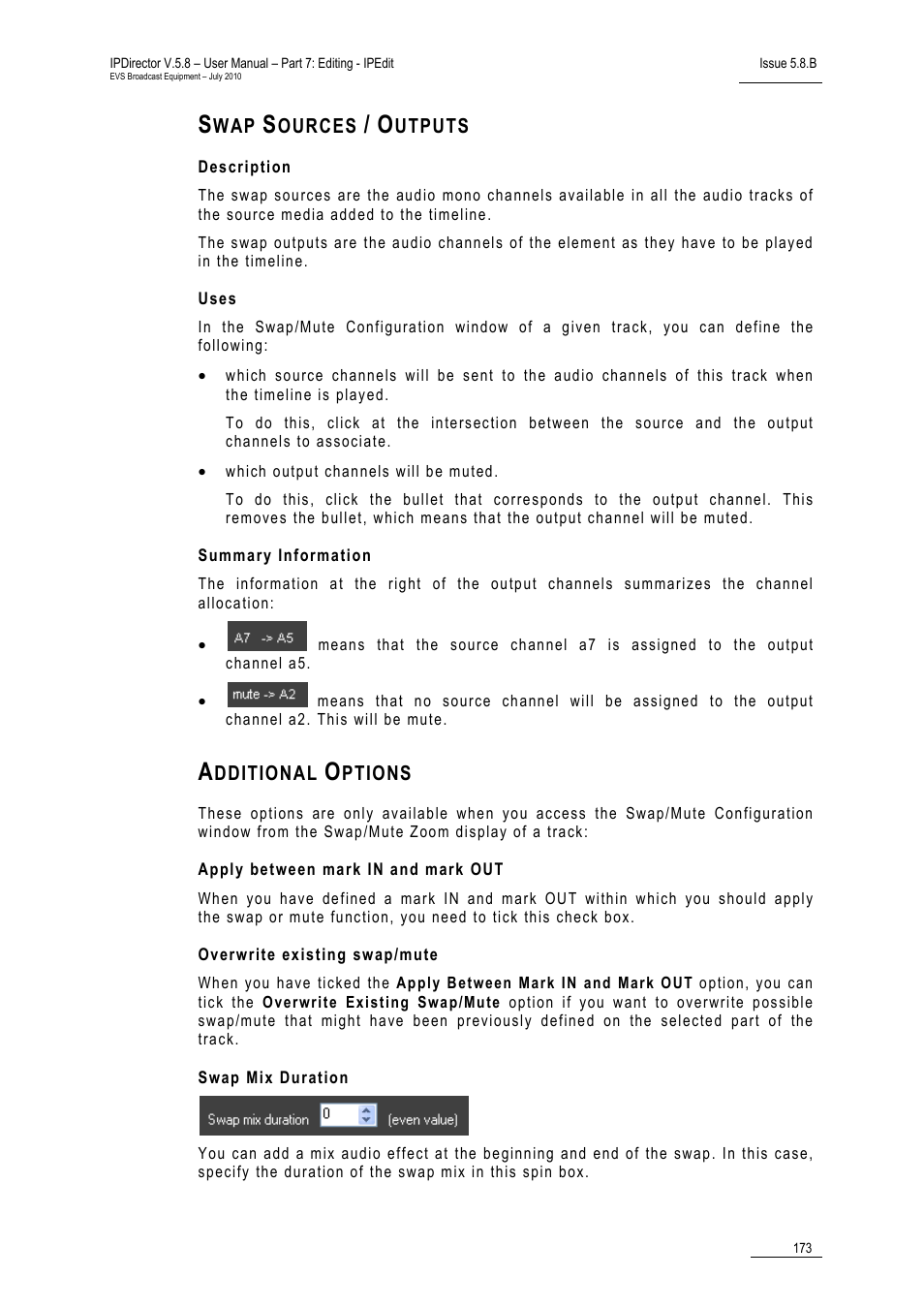 Swap sources / outputs, Description, Uses | Summary information, Additional options, Apply between mark in and mark out, Overwrite existing swap/mute, Swap mix duration | EVS IPDirector Version 5.8 - July 2010 Part 7 User's Manual User Manual | Page 186 / 229