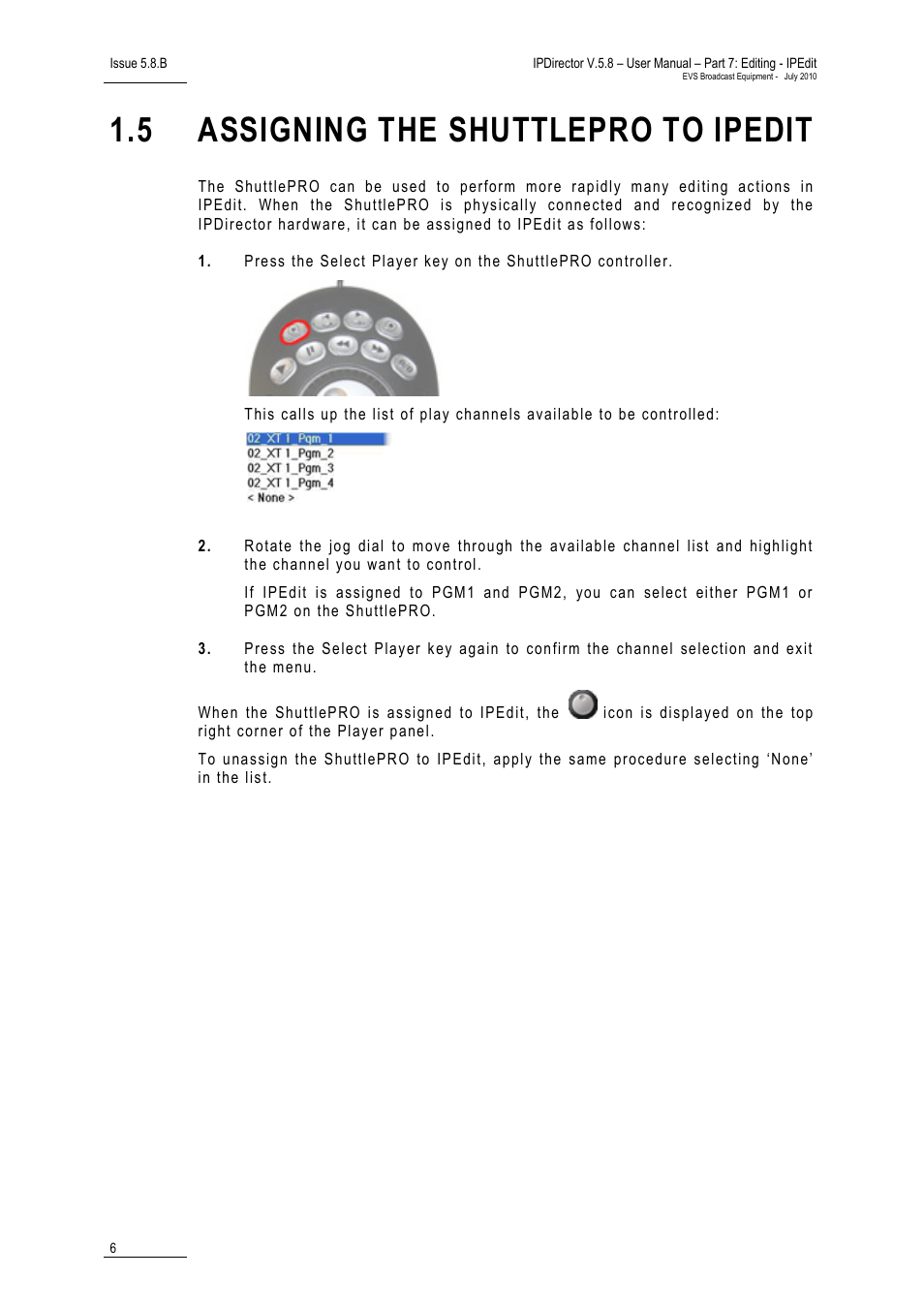 5 assigning the shuttlepro to ipedit, Assigning the shuttlepro to ipedit | EVS IPDirector Version 5.8 - July 2010 Part 7 User's Manual User Manual | Page 19 / 229