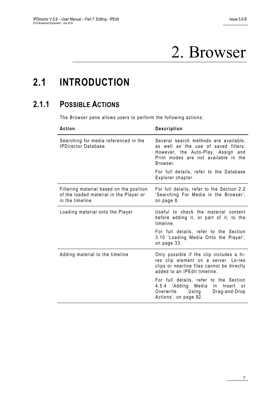 Browser, 1 introduction, 1 possible actions | Introduction, Possible actions, Ossible, Ctions | EVS IPDirector Version 5.8 - July 2010 Part 7 User's Manual User Manual | Page 20 / 229