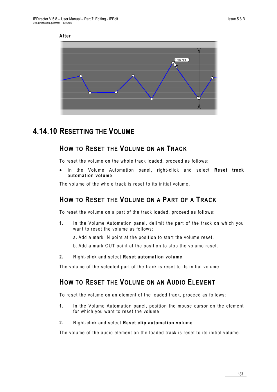 10 resetting the volume, How to reset the volume on an track, How to reset the volume on a part of a track | How to reset the volume on an audio element, Resetting the volume, 10 r | EVS IPDirector Version 5.8 - July 2010 Part 7 User's Manual User Manual | Page 200 / 229