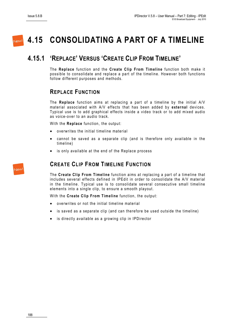15 consolidating a part of a timeline, Replace’ versus ‘create clip from timeline, Replace function | Create clip from timeline function, Consolidating a part of a timeline, Consolidating a part of a timeline’, on p, 1 ‘r | EVS IPDirector Version 5.8 - July 2010 Part 7 User's Manual User Manual | Page 201 / 229