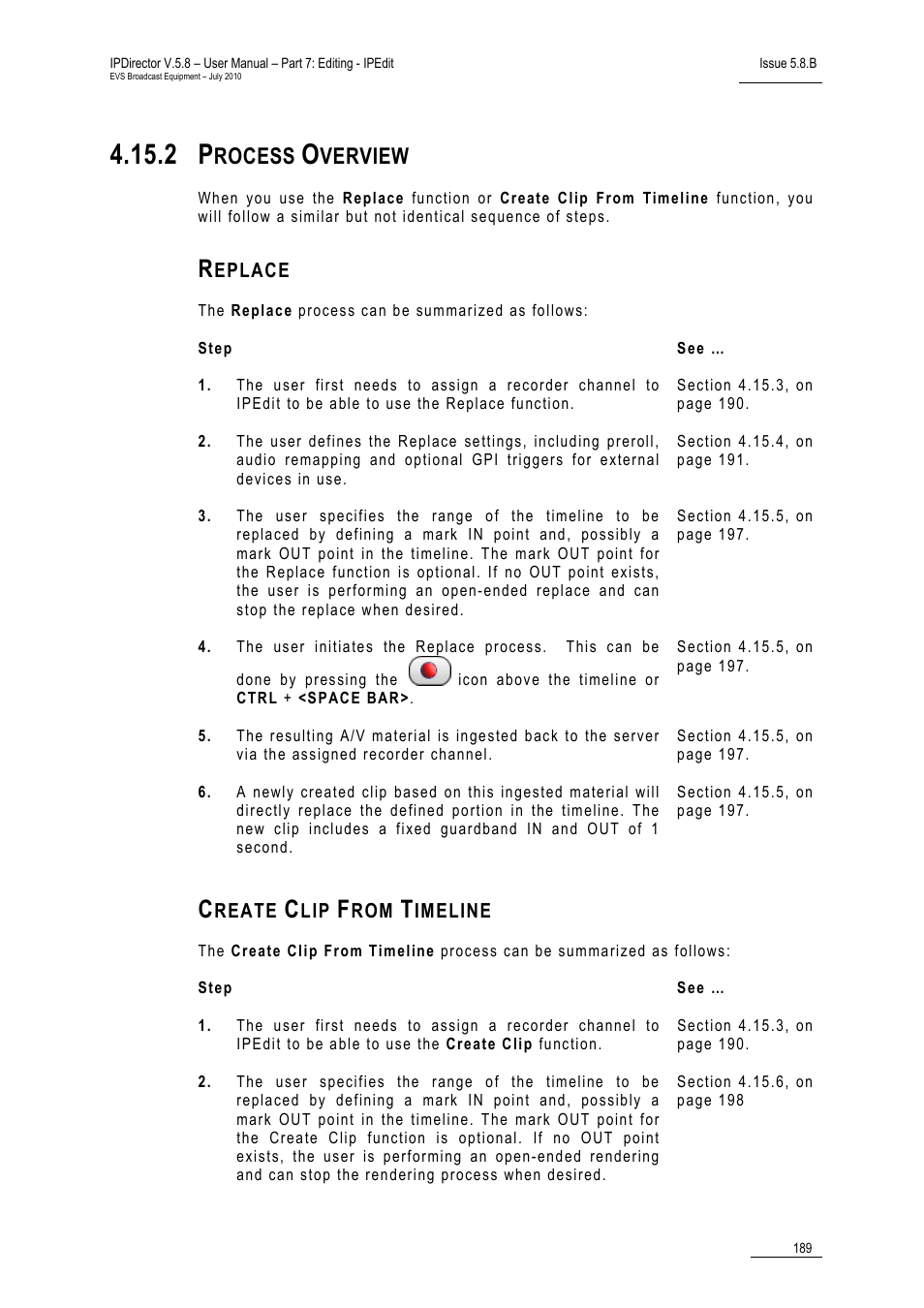 2 process overview, Replace, Create clip from timeline | Process overview, Rocess, Verview | EVS IPDirector Version 5.8 - July 2010 Part 7 User's Manual User Manual | Page 202 / 229