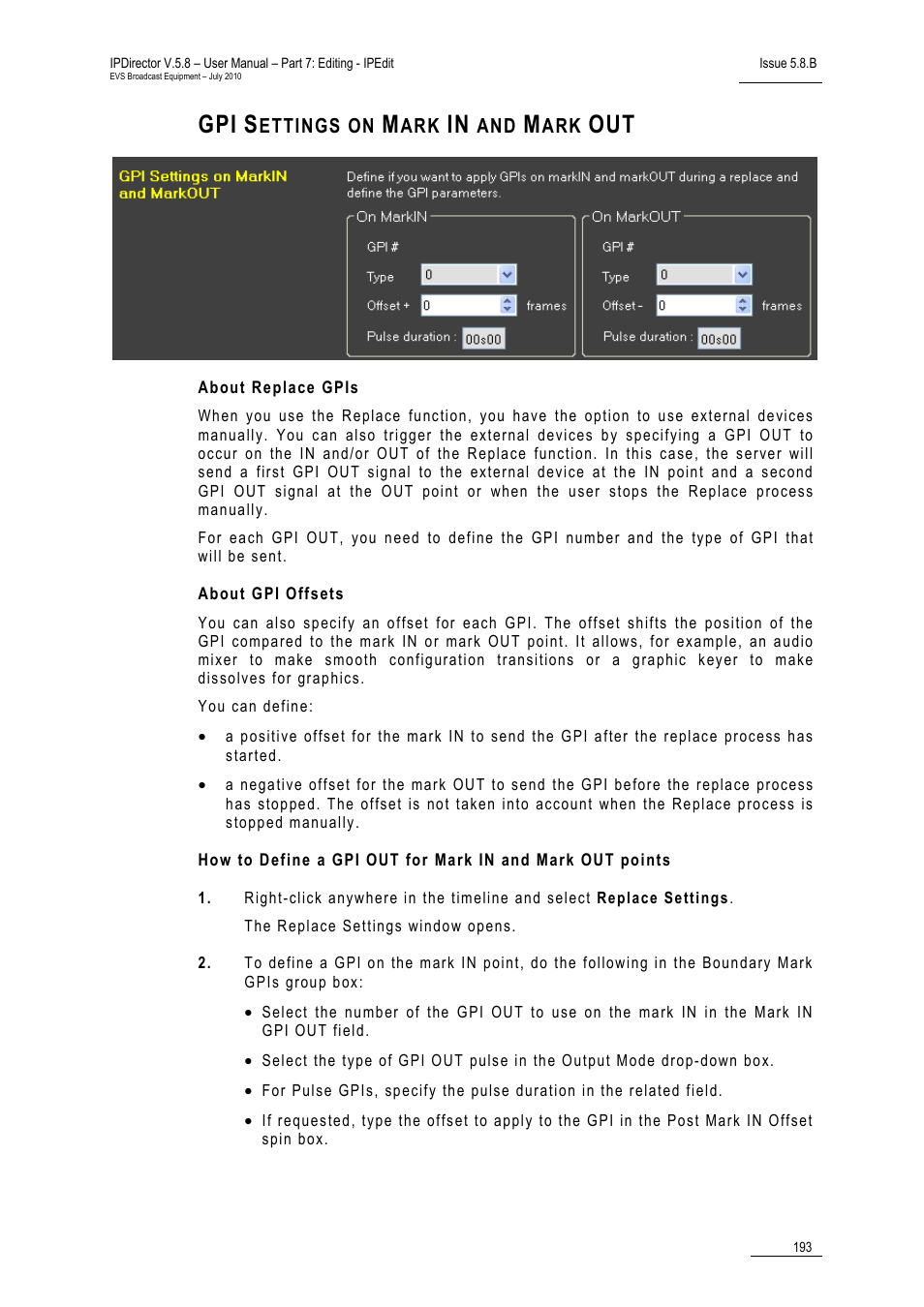 Gpi settings on mark in and mark out, About replace gpis, About gpi offsets | EVS IPDirector Version 5.8 - July 2010 Part 7 User's Manual User Manual | Page 206 / 229