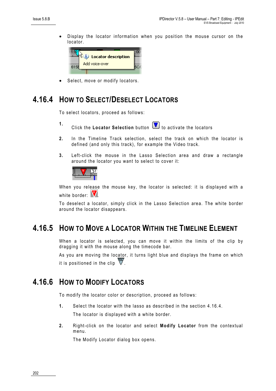 4 how to select/deselect locators, 6 how to modify locators, How to select/deselect locators | How to move a locator within the timeline element, How to modify locators | EVS IPDirector Version 5.8 - July 2010 Part 7 User's Manual User Manual | Page 215 / 229