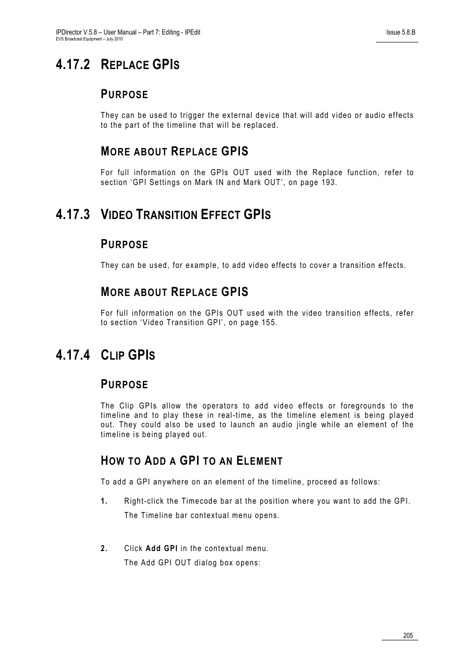 2 replace gpis, Purpose, More about replace gpis | 3 video transition effect gpis, 4 clip gpis, How to add a gpi to an element, Replace gpis, Video transition effect gpis, Clip gpis, Gpis | EVS IPDirector Version 5.8 - July 2010 Part 7 User's Manual User Manual | Page 218 / 229