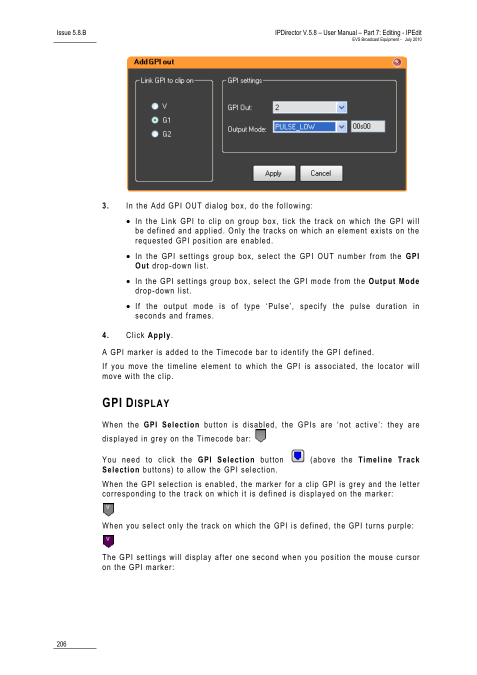 Gpi display, Isplay | EVS IPDirector Version 5.8 - July 2010 Part 7 User's Manual User Manual | Page 219 / 229
