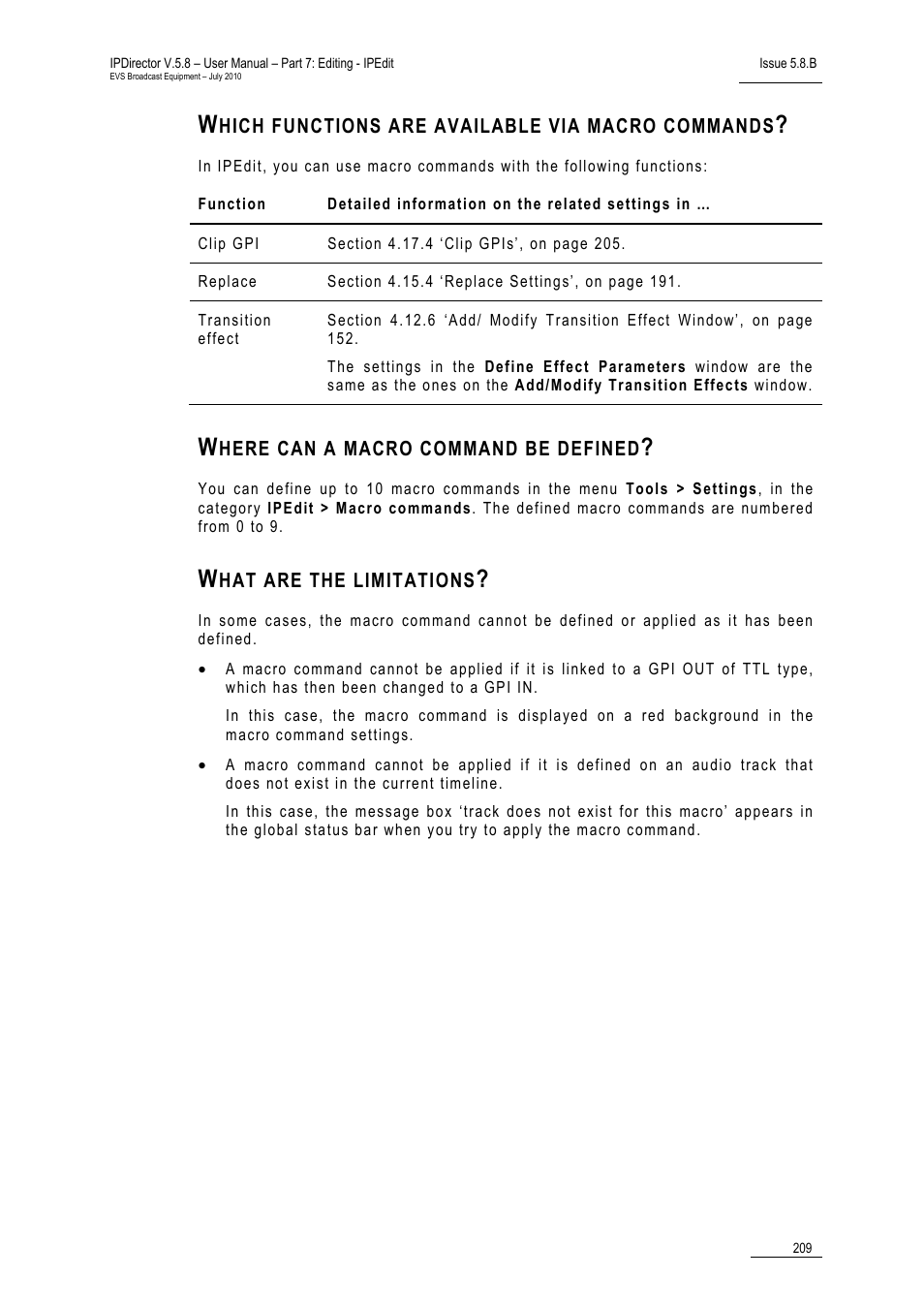 Which functions are available via macro commands, Where can a macro command be defined, What are the limitations | EVS IPDirector Version 5.8 - July 2010 Part 7 User's Manual User Manual | Page 222 / 229